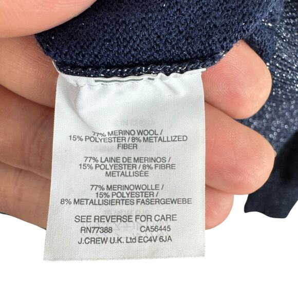 J. Crew Navy Blue Shimmery Merino Wool Blend Faux Wrap Lightweight Sweater Sz M - Picture 5 of 6